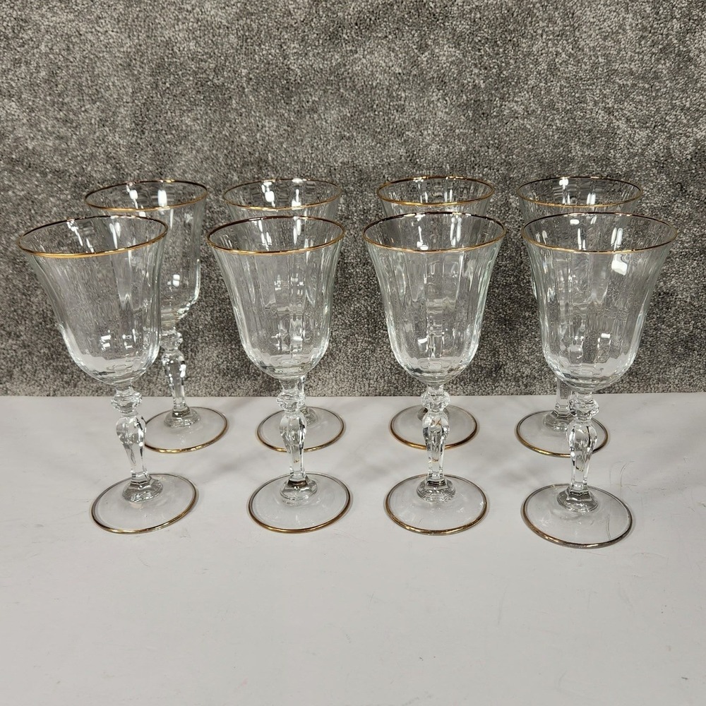 Crystal Wine Goblets‎ Clear Gold Rim Optic Ribbed Set of 8